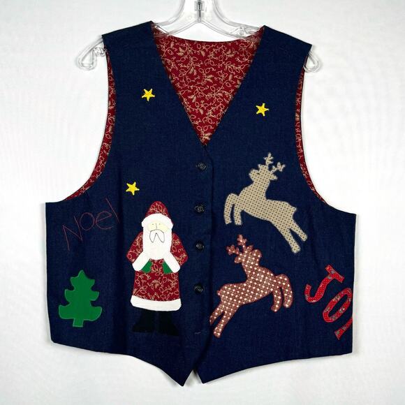 Vintage Handmade Cotton Lined Christmas Vest Santa Reindeer Let It Snow Sz XL - Picture 1 of 4
